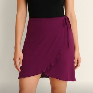 Midi Wrap Skirt SMALL Burgundy Purple Ballerina Ruffle Hem Tie Waist‎ Casual